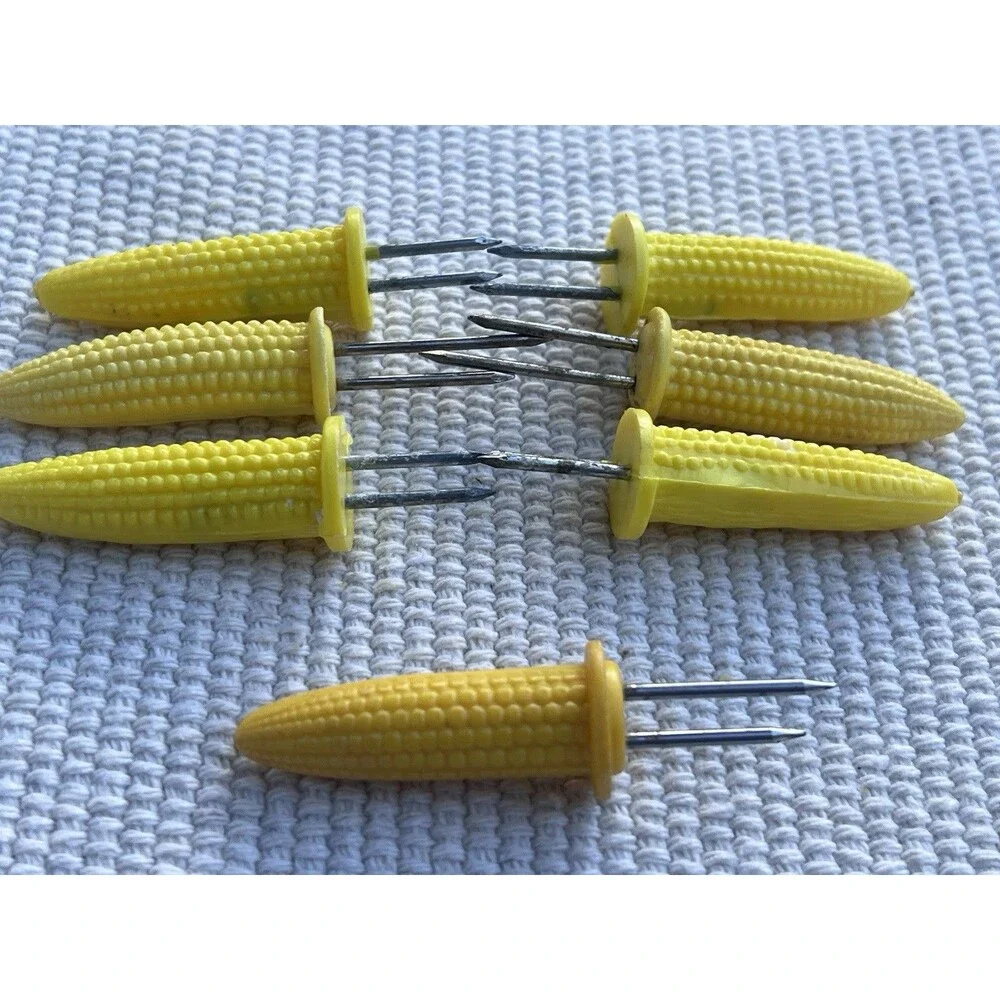 Vintage Corn On The Cob Holders Set Of 7 Yellow Corn Handles BBQ Kitchen